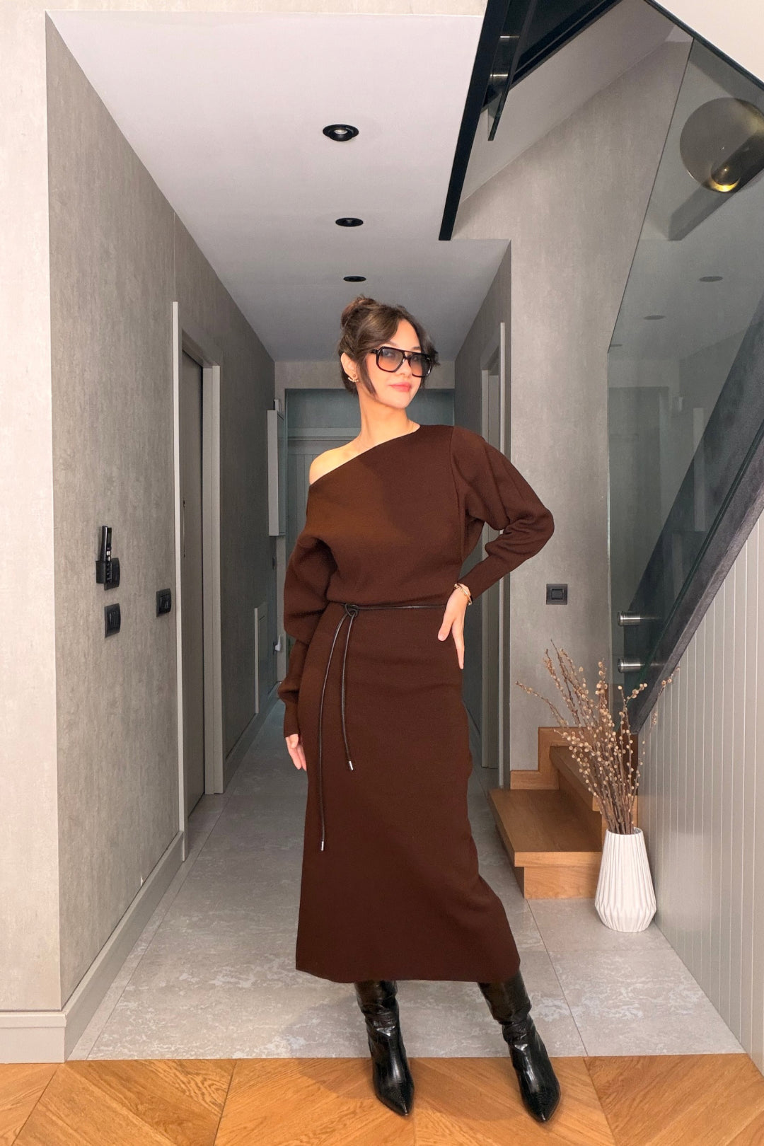 Kahverengi Triko Elbise