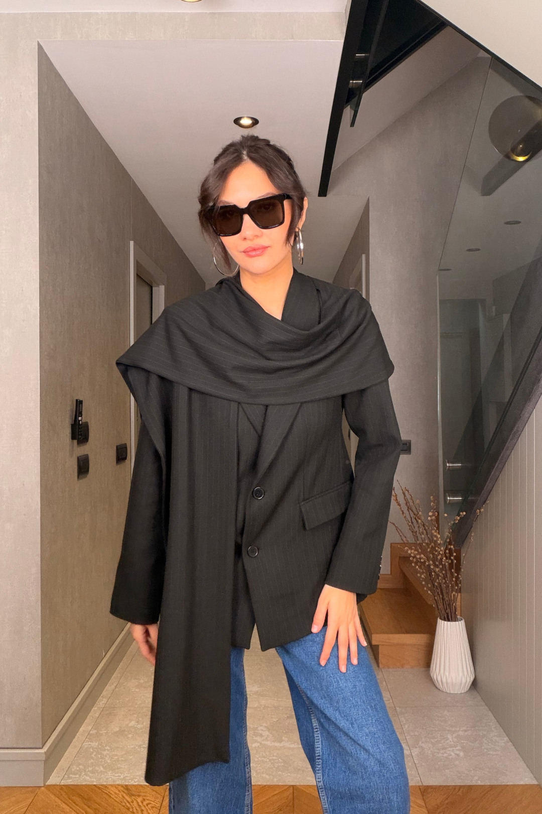 Siyah Çizgili Premium Şallı Ceket