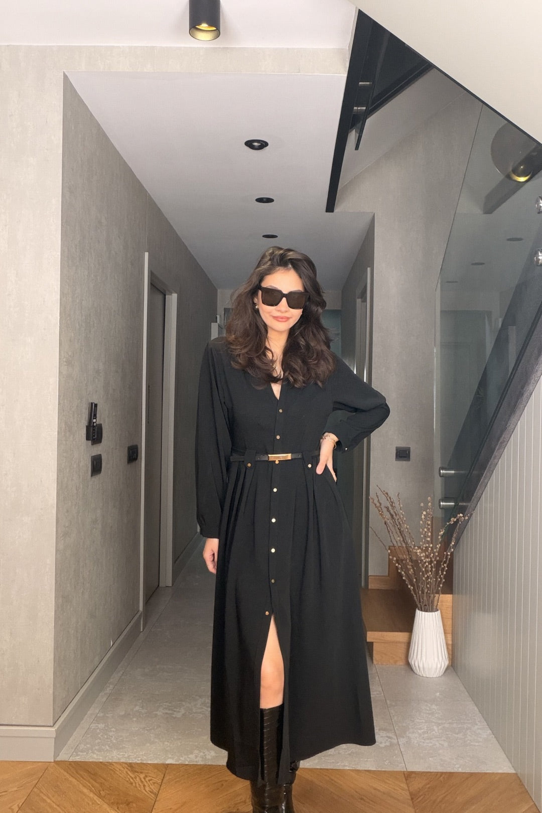 Siyah Kemerli Maxi Elbise