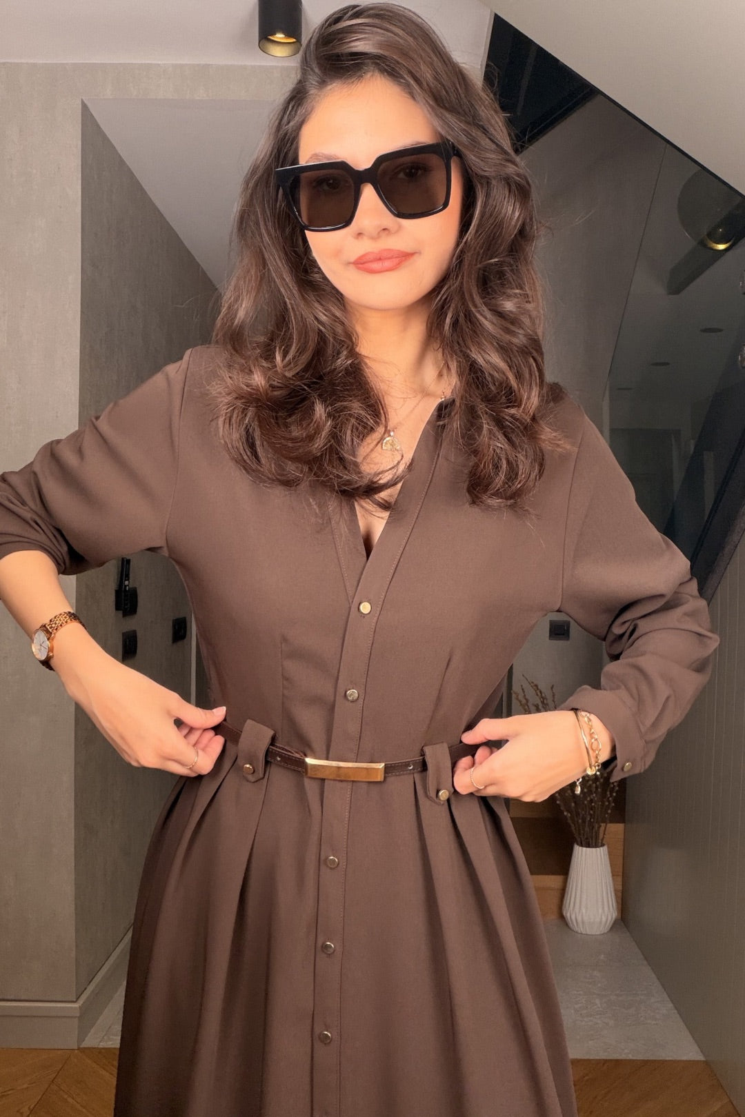 Kahverengi Kemerli Maxi Elbise