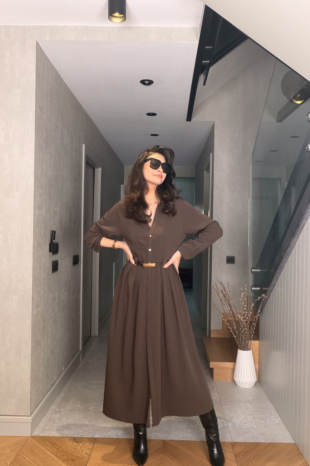 Kahverengi Kemerli Maxi Elbise