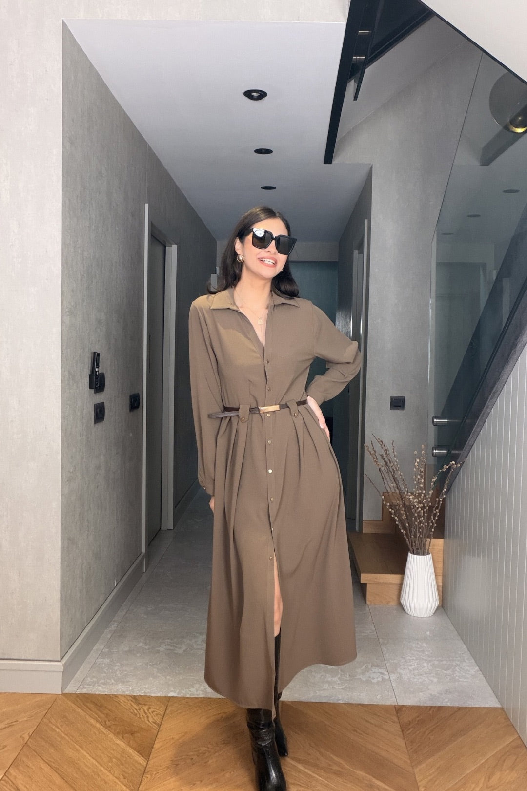 Vizon Kemerli Maxi Elbise