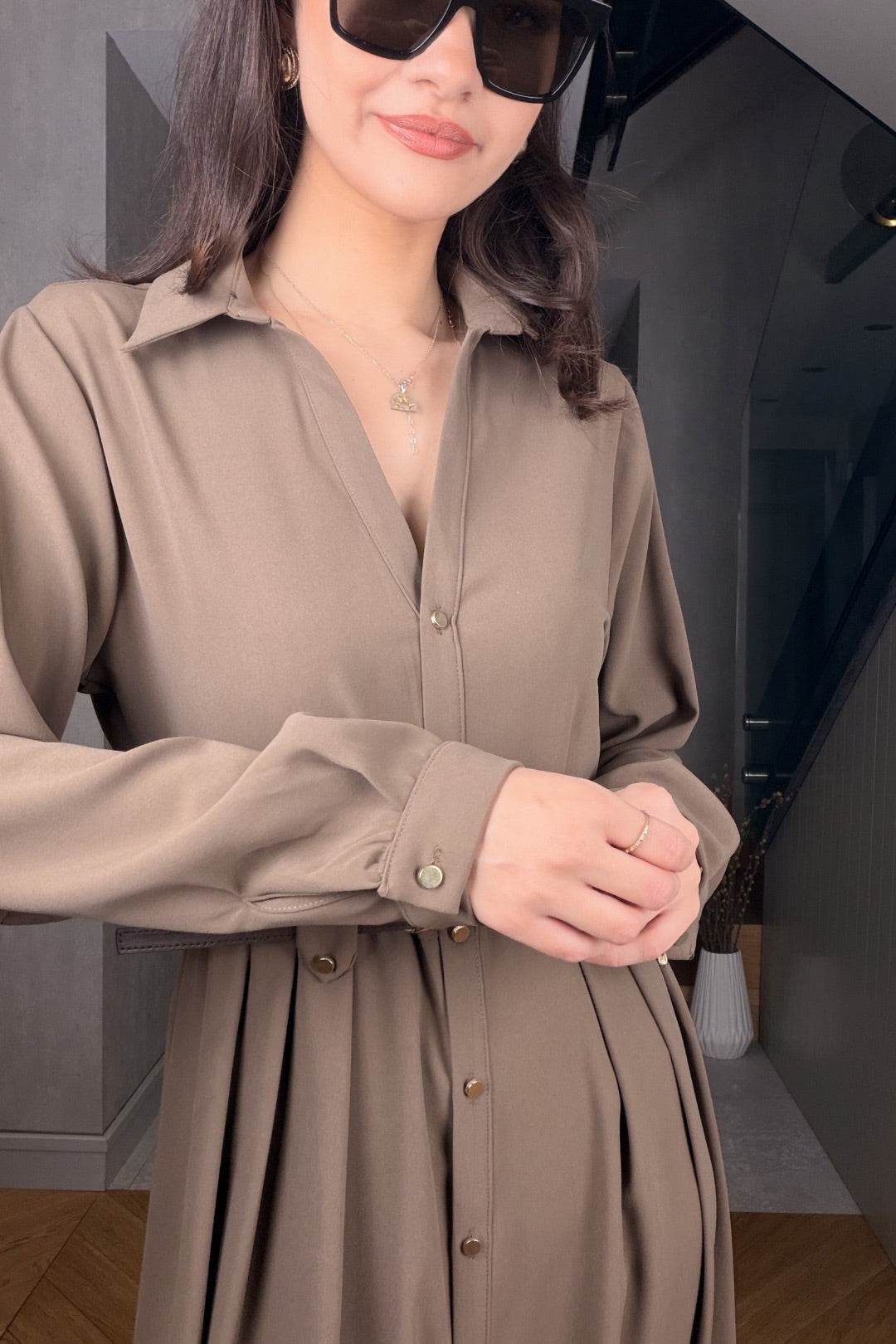 Vizon Kemerli Maxi Elbise