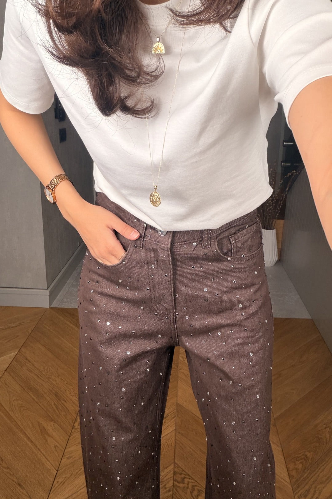 Kahverengi Taşlı Jean Pantolon