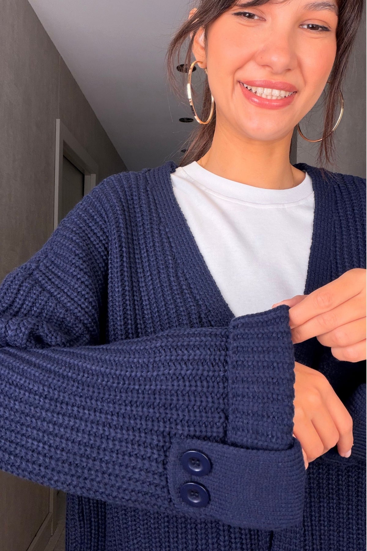 Lacivert Oversize Düğmeli Örme Hırka
