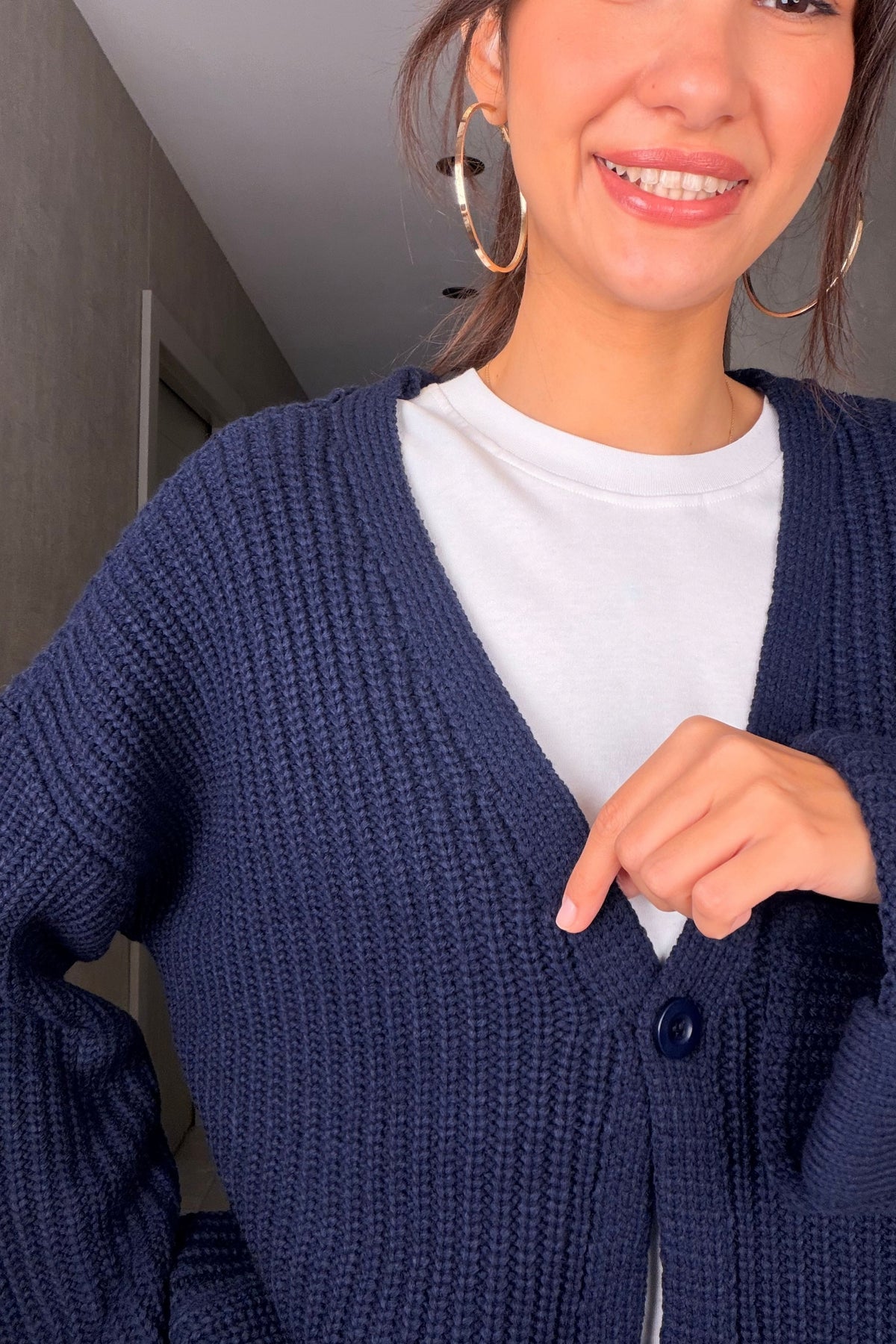 Lacivert Oversize Düğmeli Örme Hırka