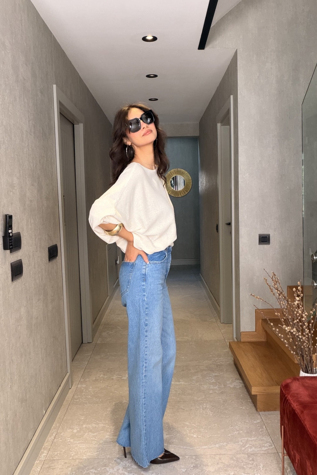 Buz Mavisi Kesik Paça Palazzo Jean Pantolon