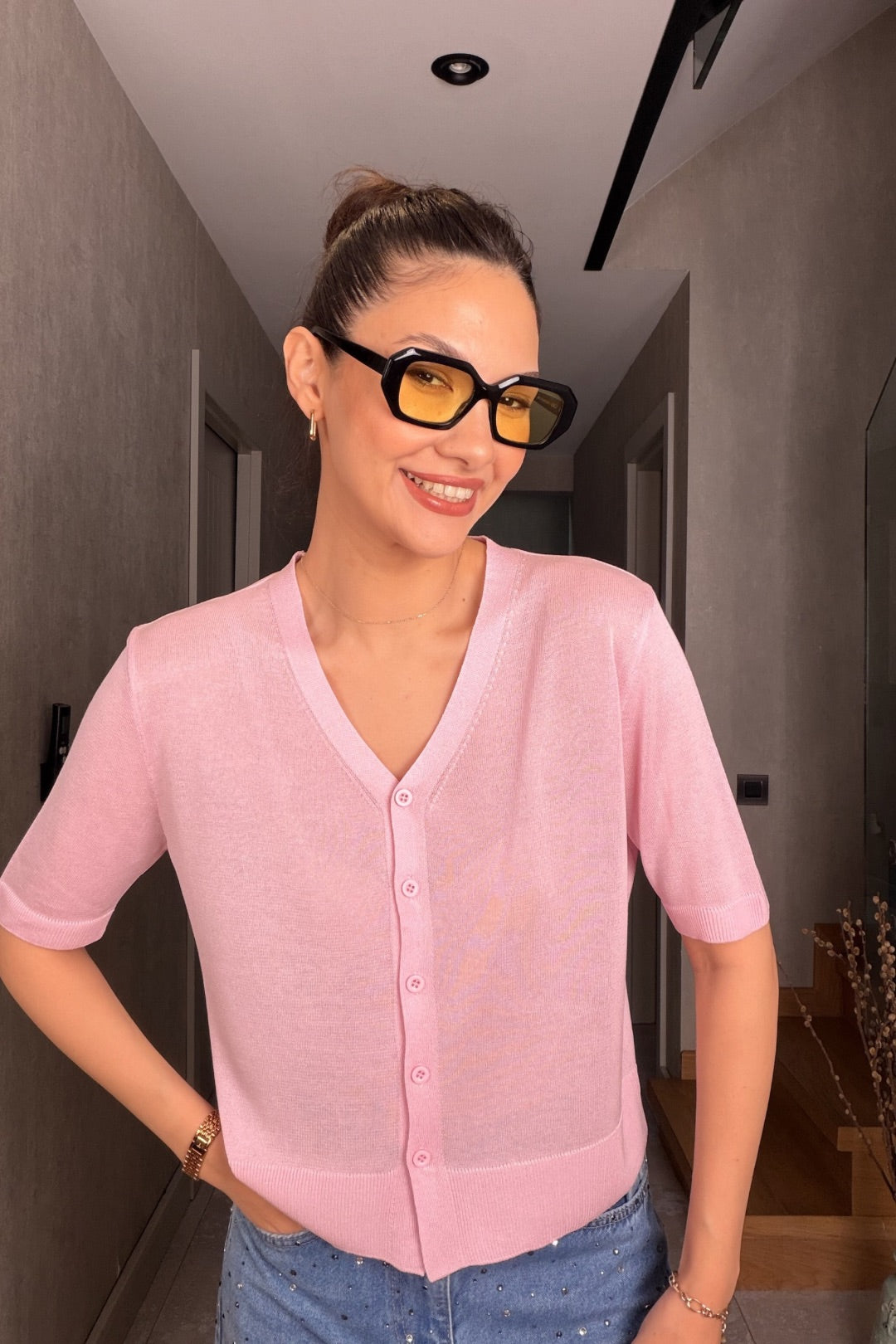 Pembe İnce Triko Hırka