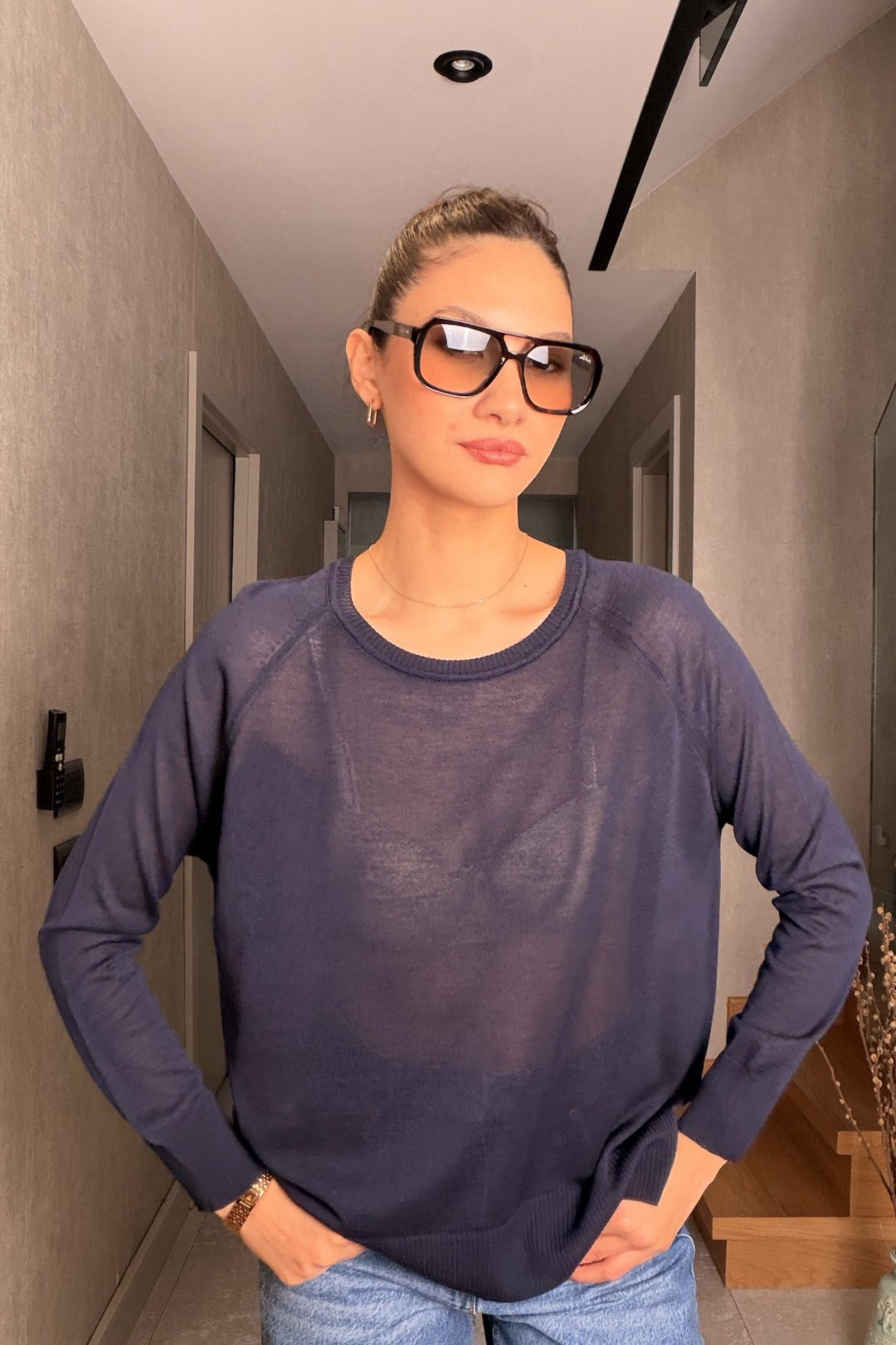 Lacivert Uzun Kollu Merserize Bluz