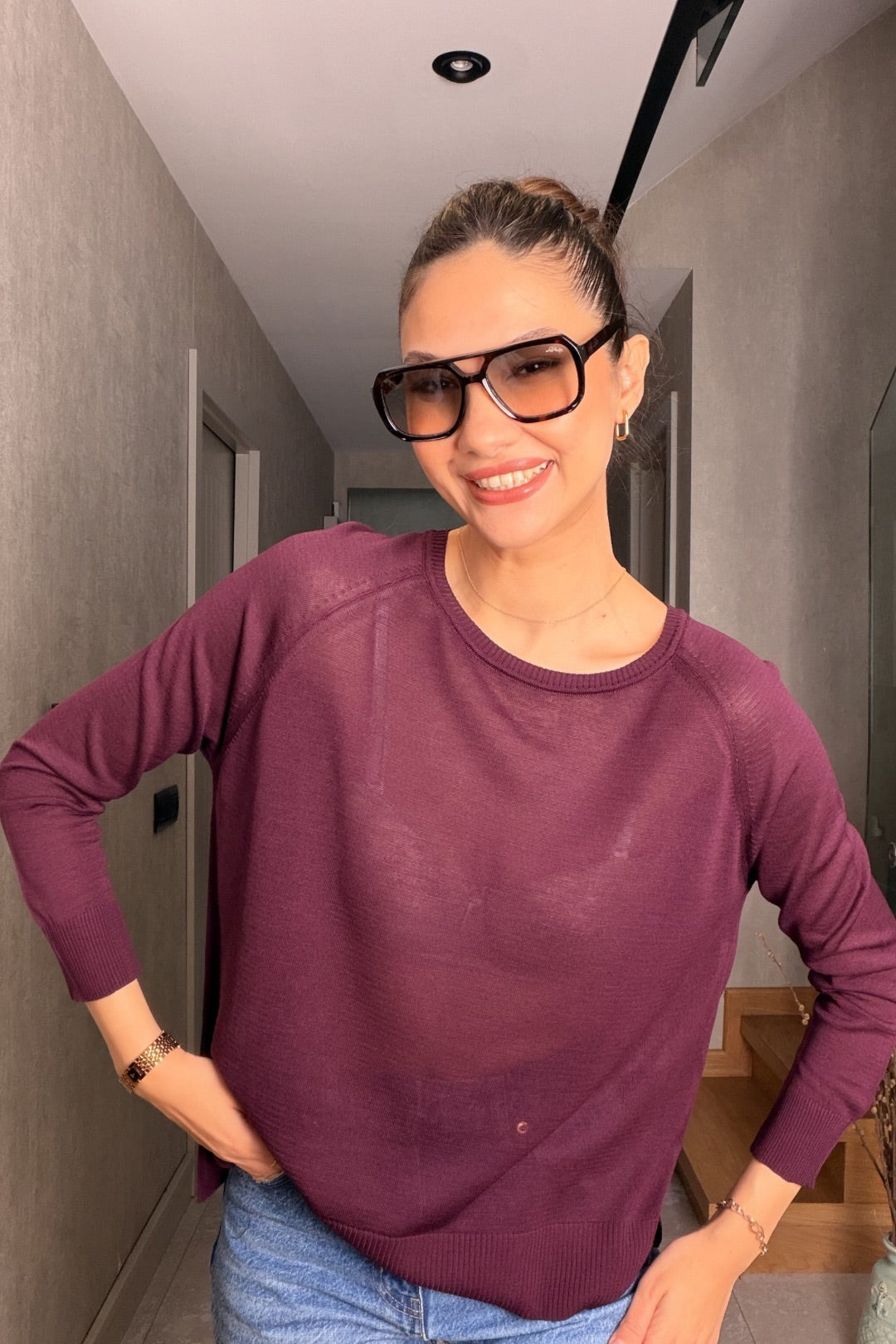 Mürdüm Uzun Kollu Merserize Bluz