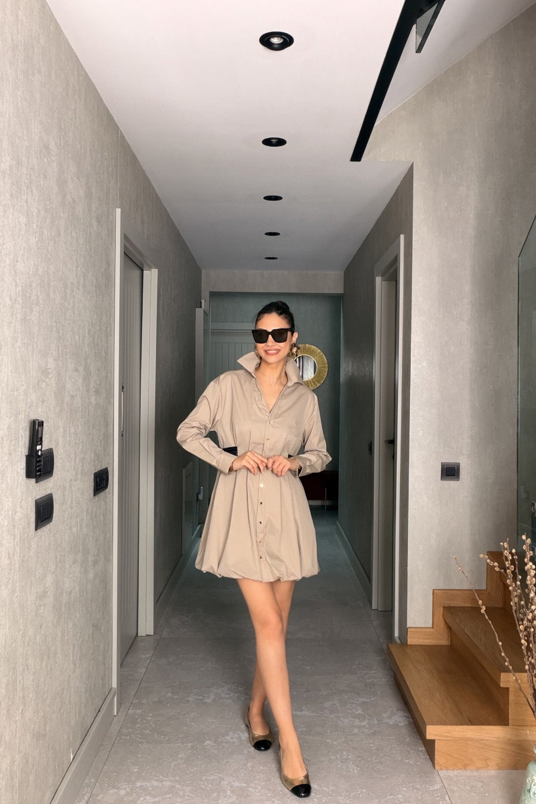 Vizon V Yaka Balon Elbise