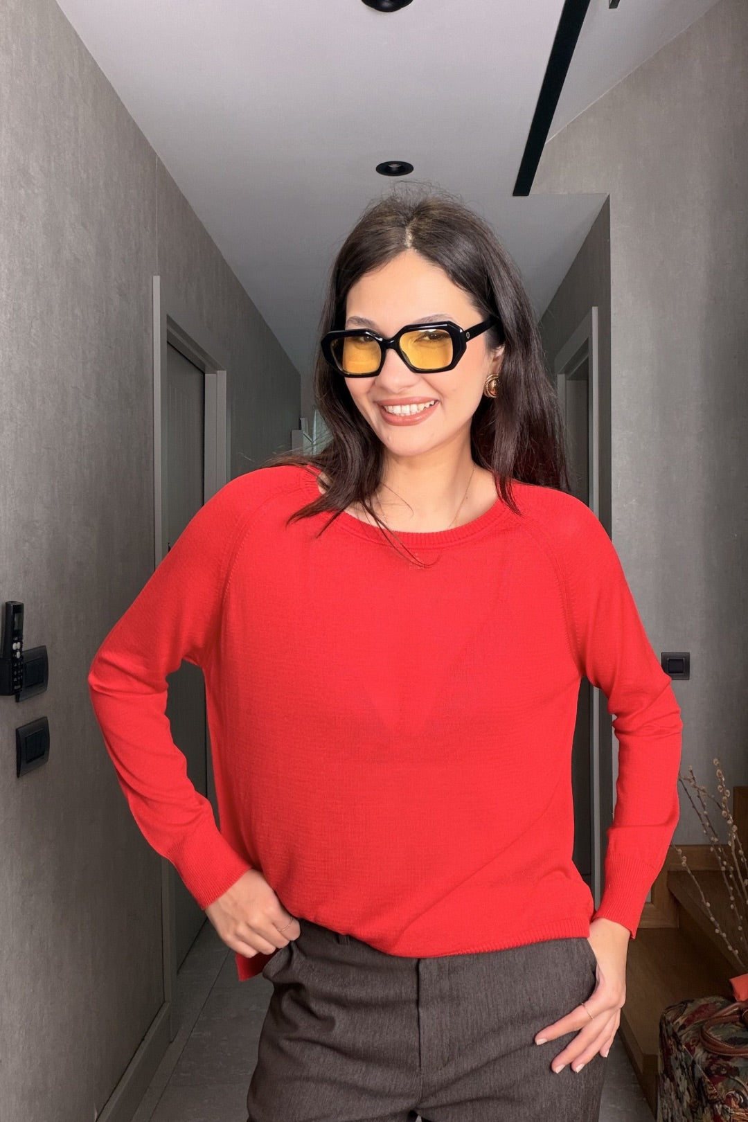 Kırmızı Uzun Kollu Merserize Bluz