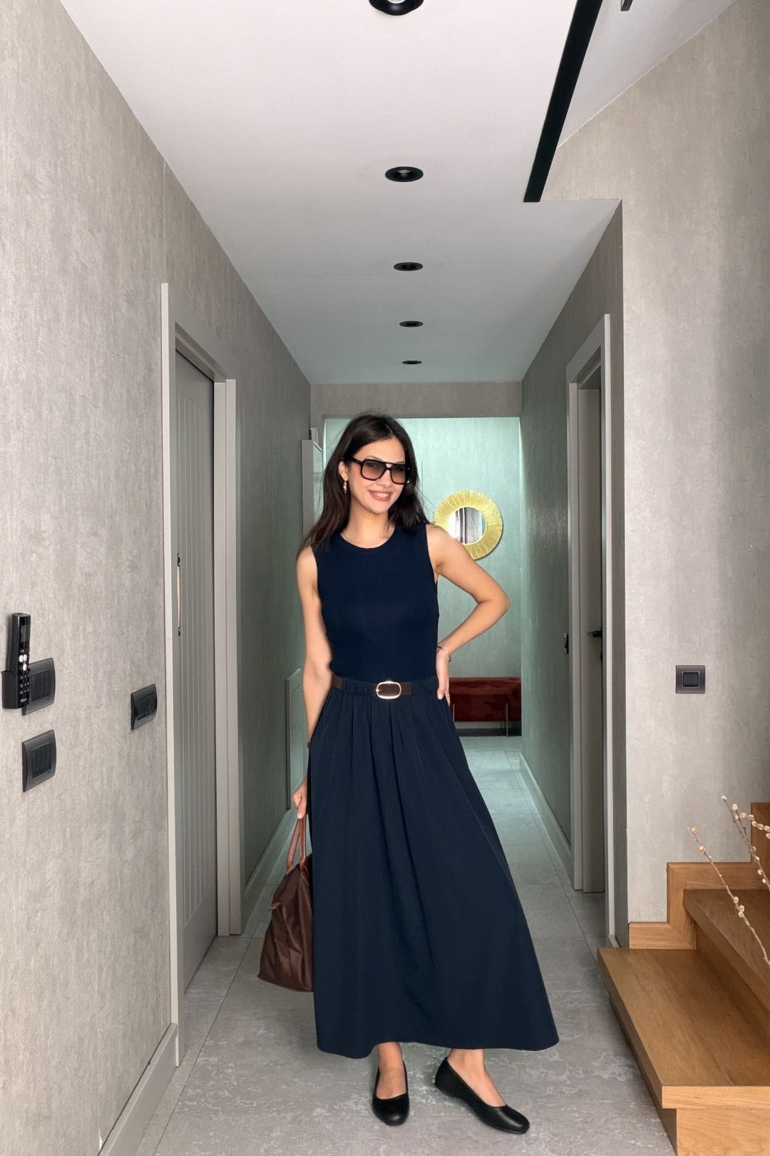 Lacivert Kemerli Paraşüt Etekli Elbise