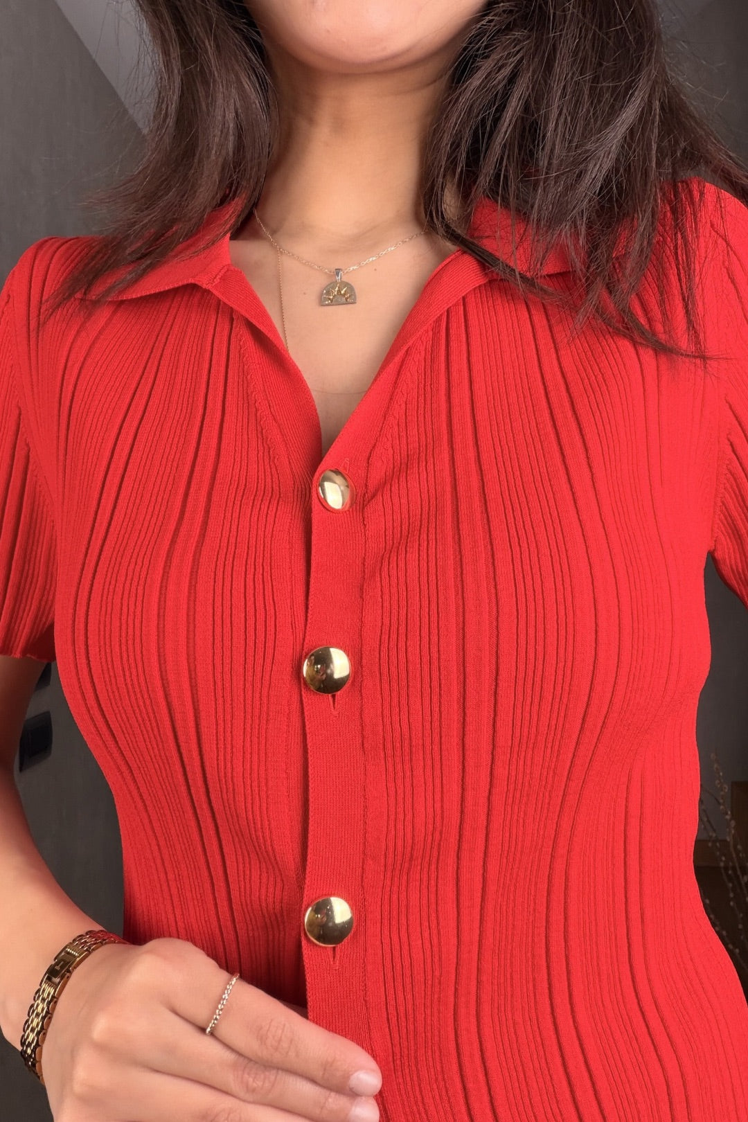 Kırmızı Premium Düğmeli Merserize Bluz