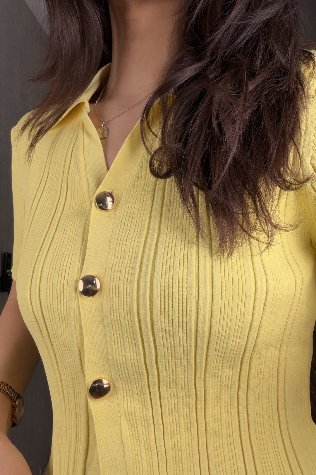 Sarı Premium Düğmeli Merserize Bluz