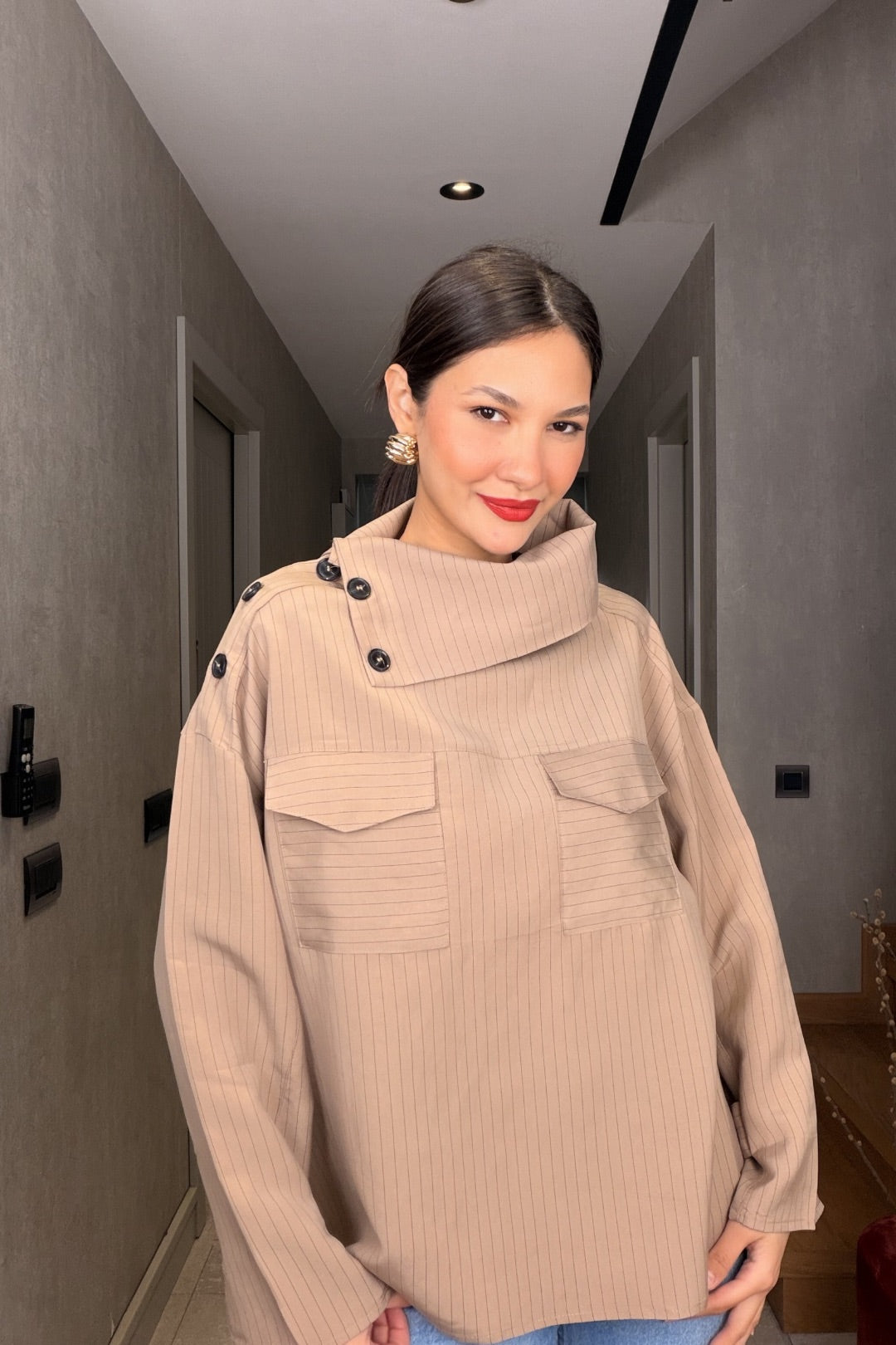 Camel Çizgili Düğmeli Gömlek