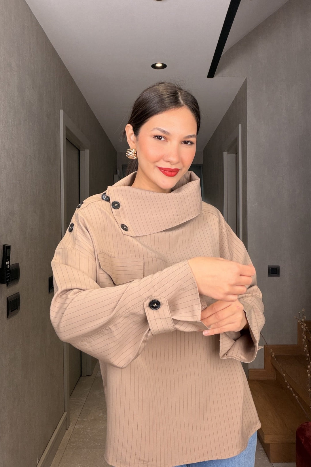 Camel Çizgili Düğmeli Gömlek