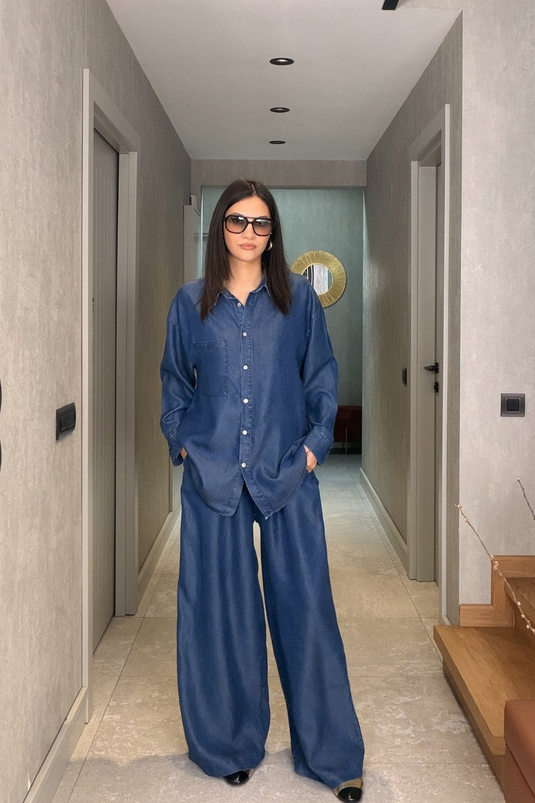 Lacivert Tensel Gömlek Pantolon Takım