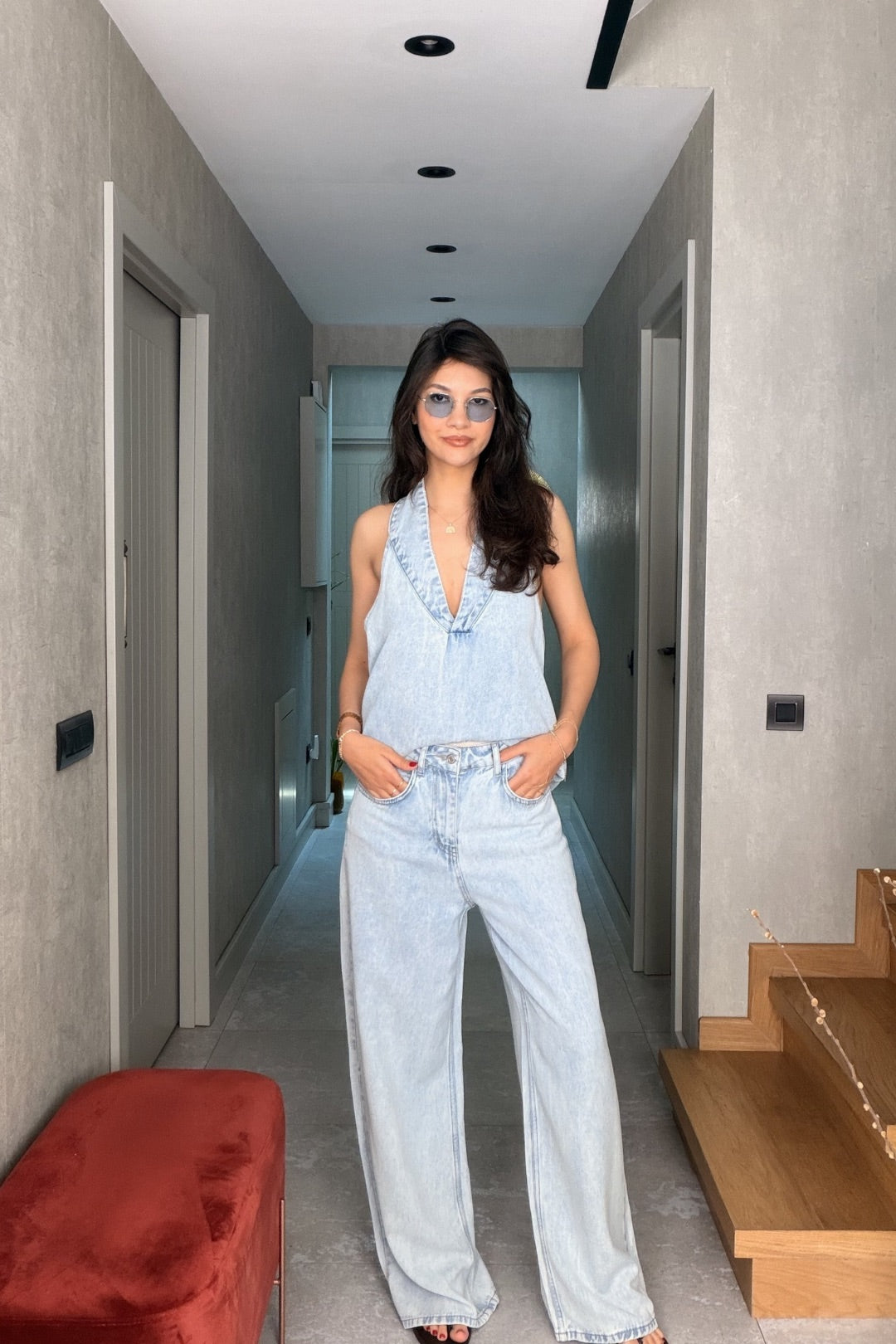 Bebe Mavi Askılı V Yaka Tensel Jean Takım