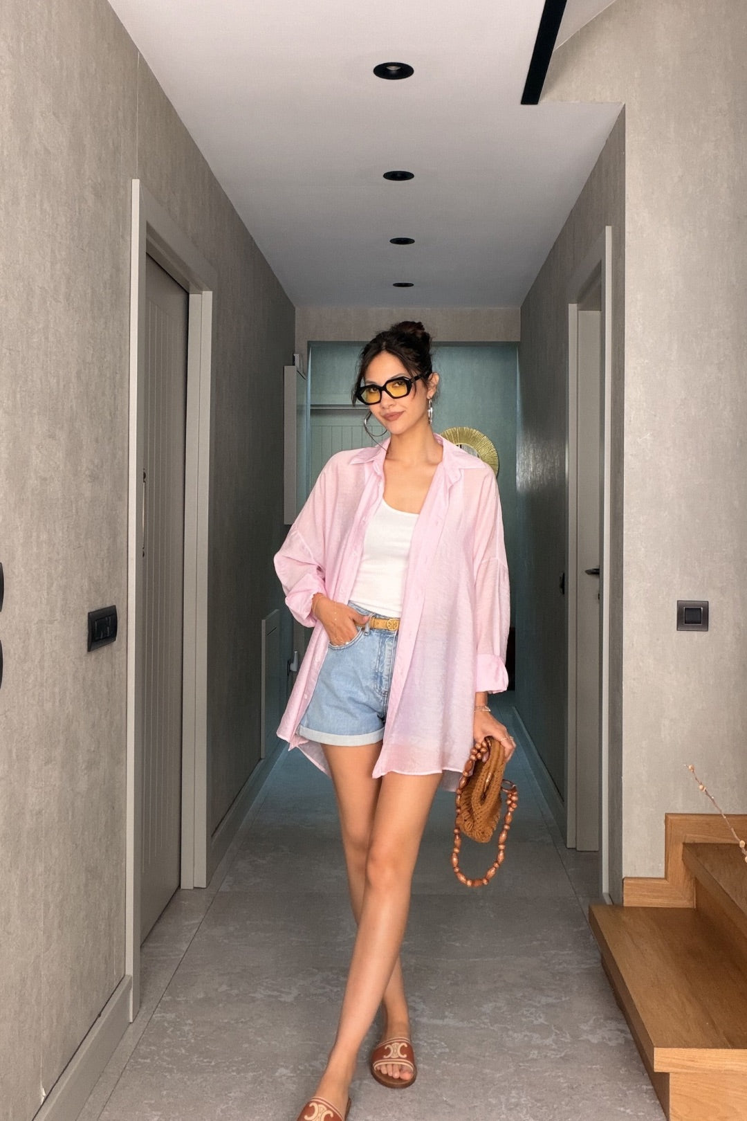 Pembe Tül Modal Maxi Gömlek