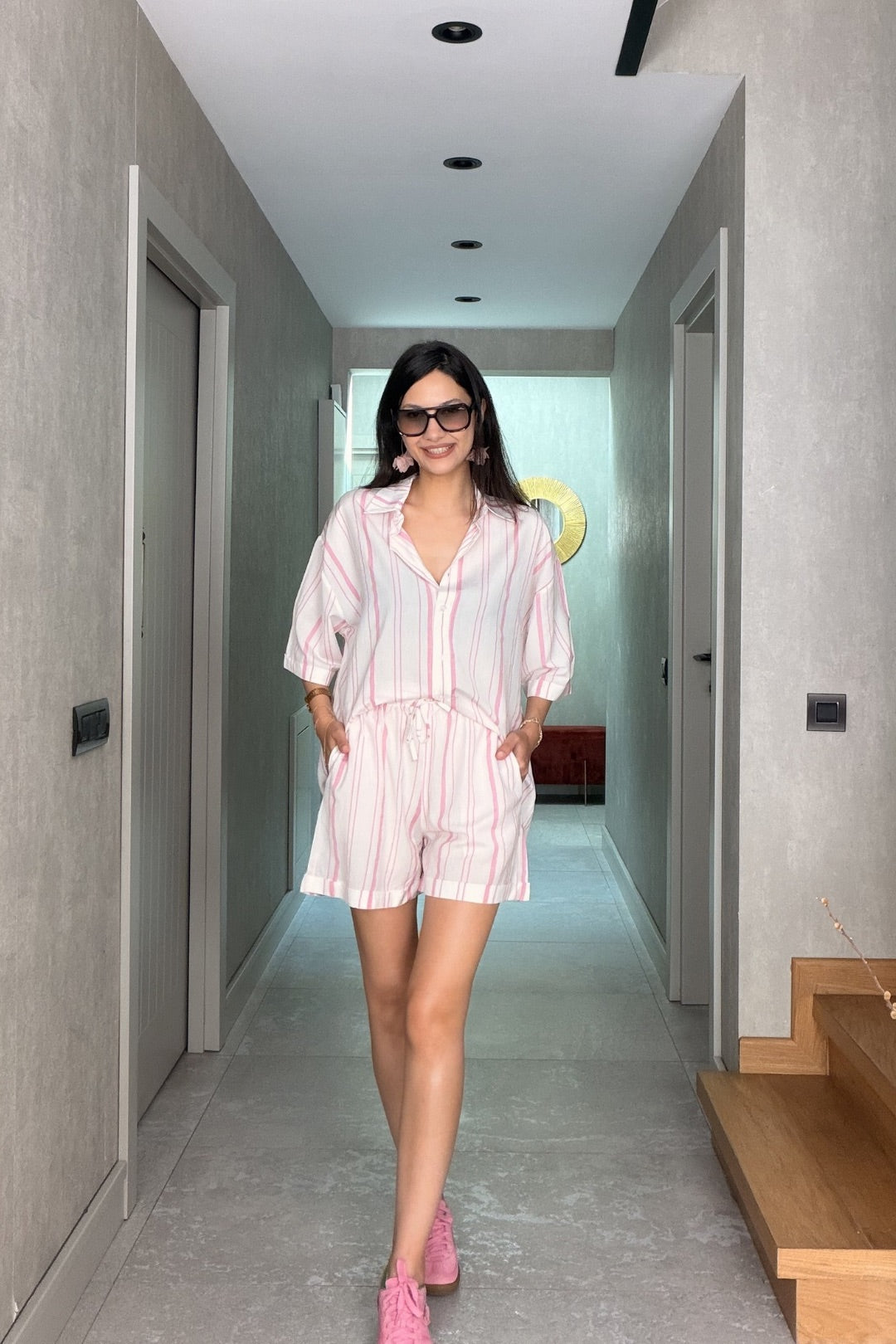 Pembe Çizgili Şort Takım