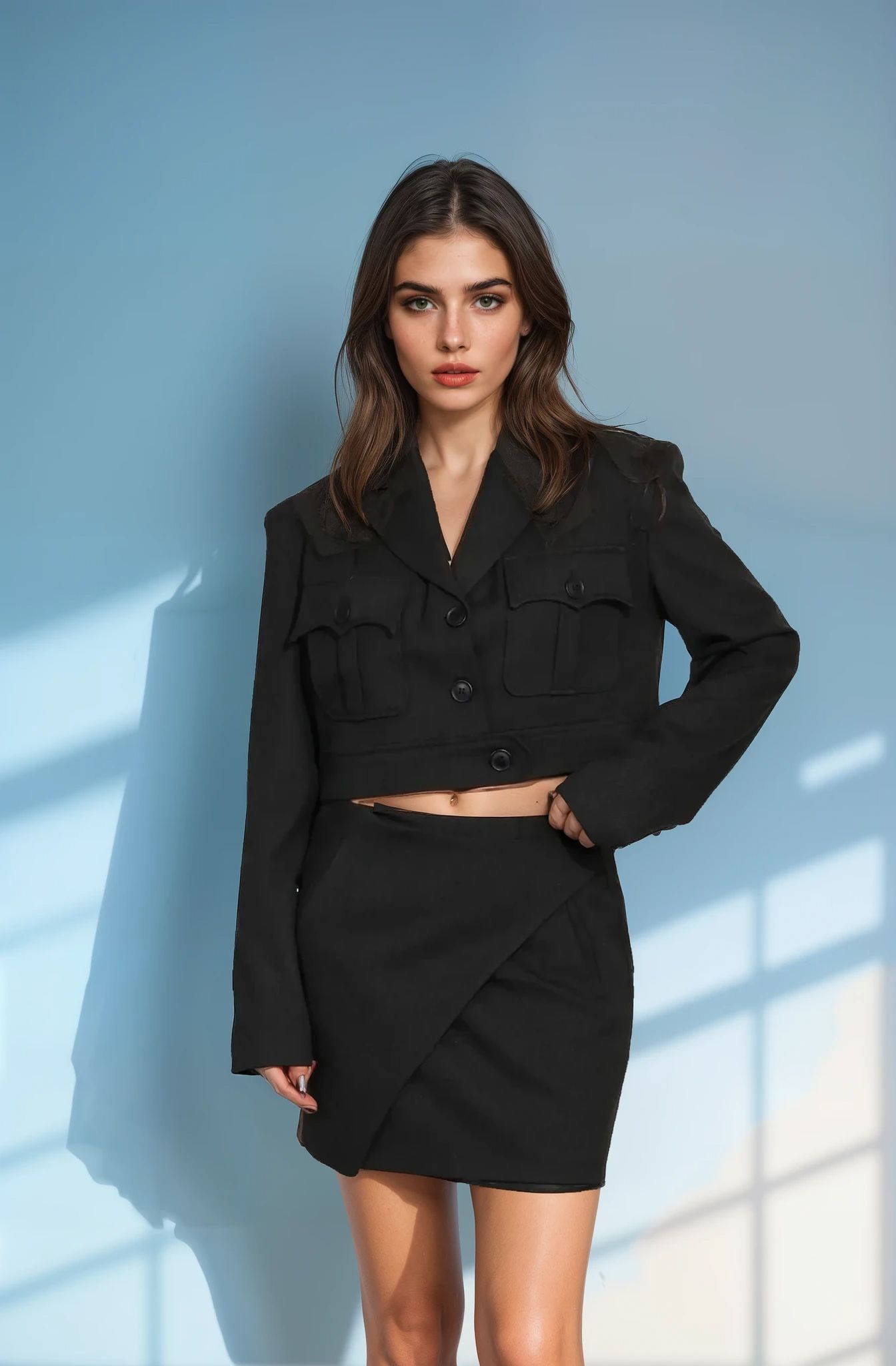 Siyah Cep Detaylı Crop Etek Takım