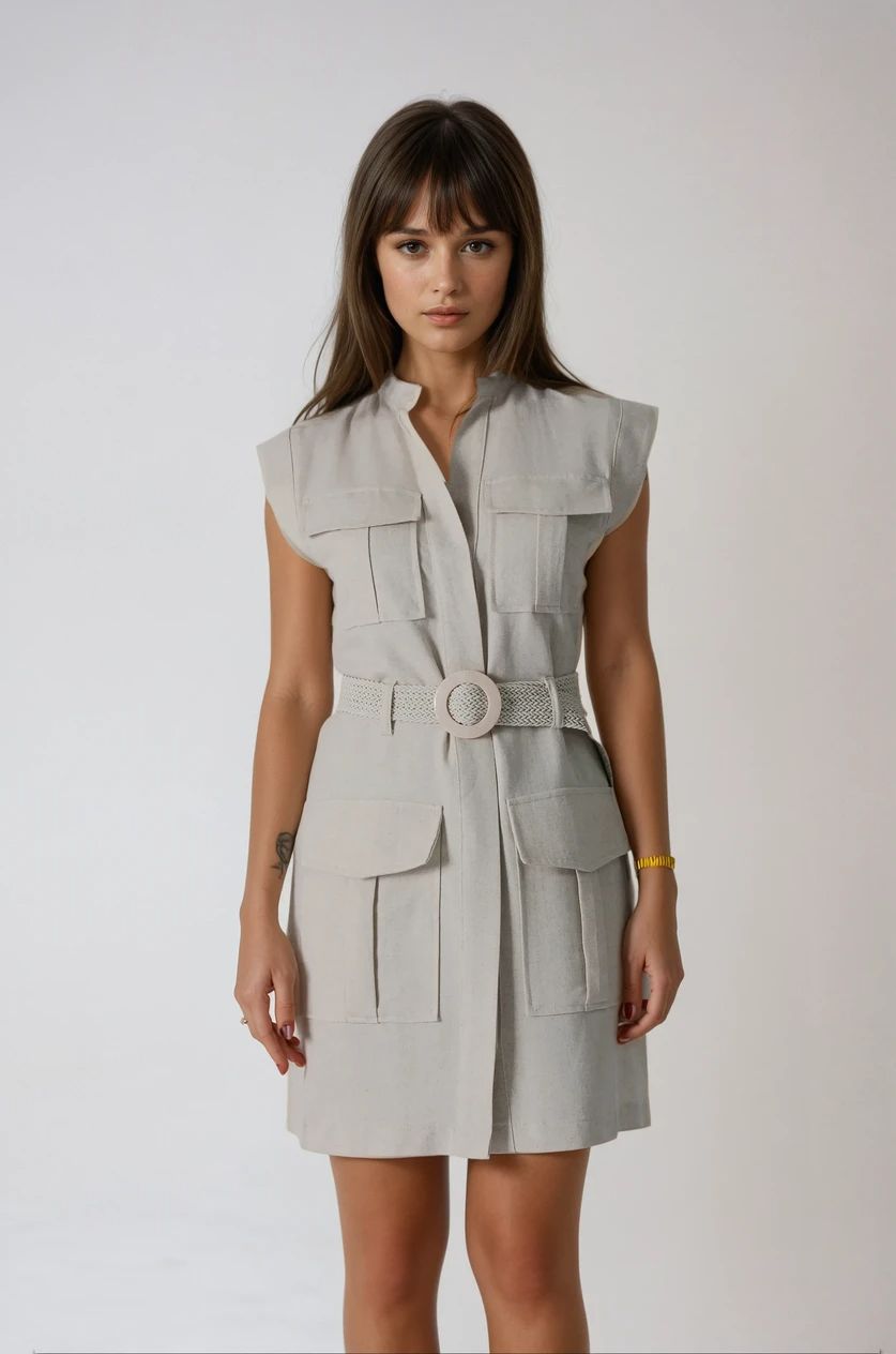 Bej Körük Cepli Keten Elbise