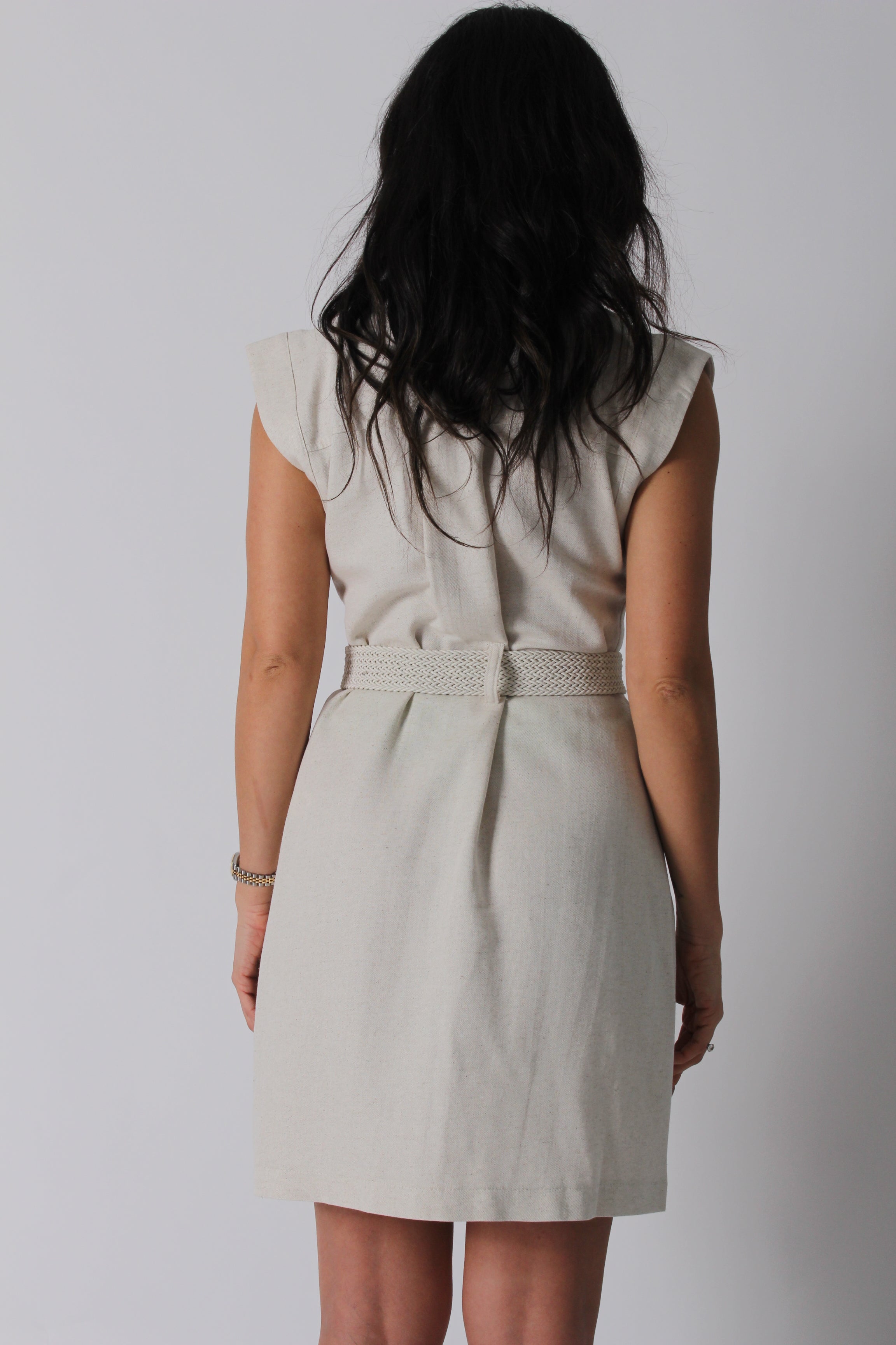 Bej Körük Cepli Keten Elbise