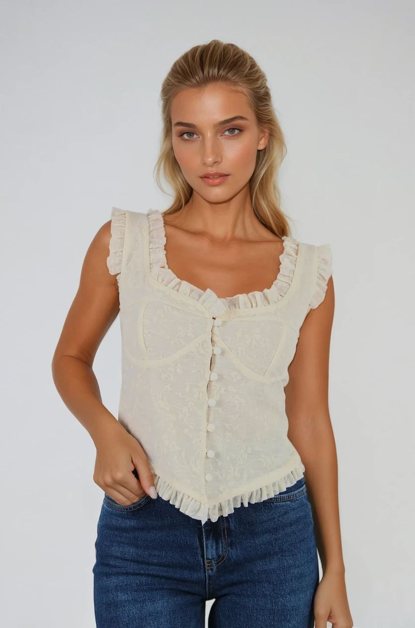 Ekru Fırfır Detaylı Dantel Bluz