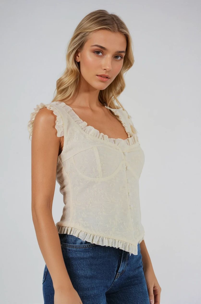 Ekru Fırfır Detaylı Dantel Bluz