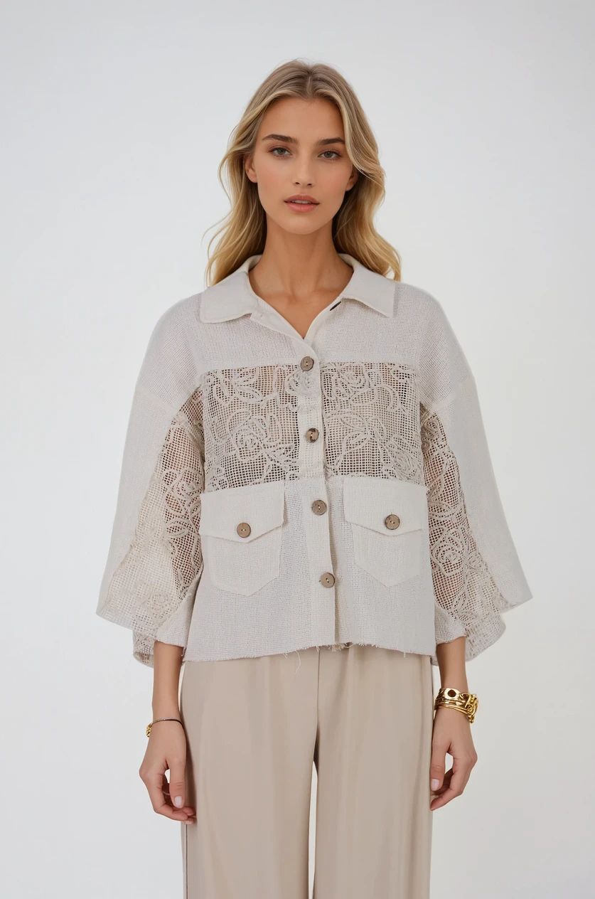 Krem Güpür Detaylı Keten Ceket