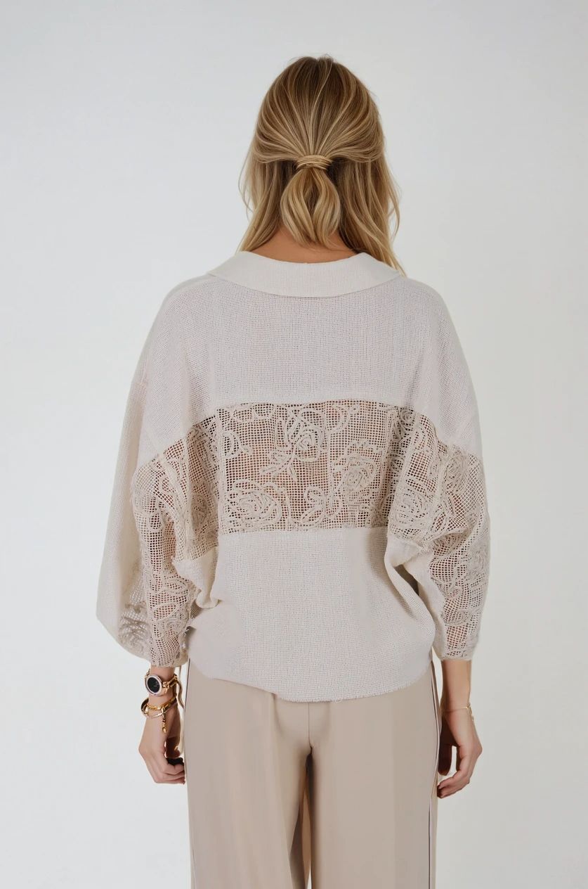 Krem Güpür Detaylı Keten Ceket