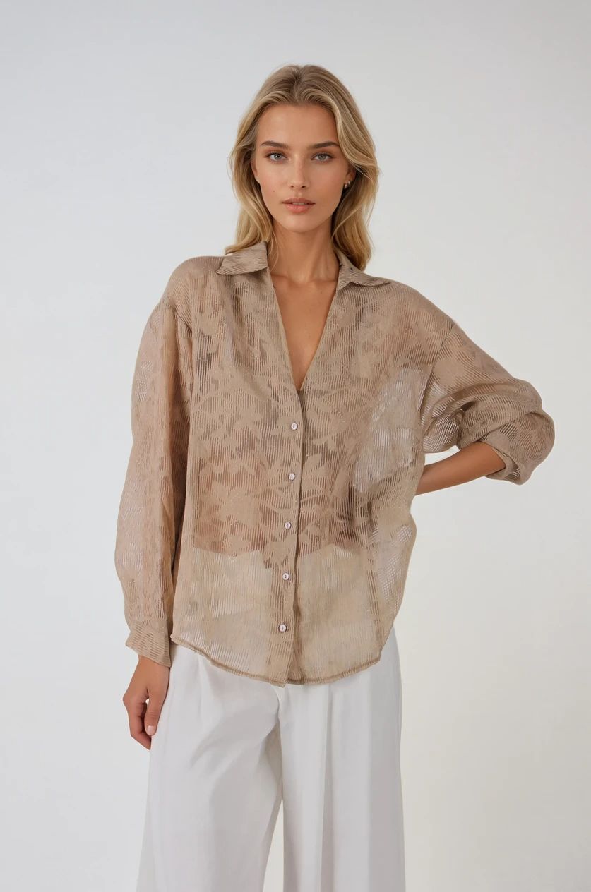 Bej Transparan Jakarlı Gömlek