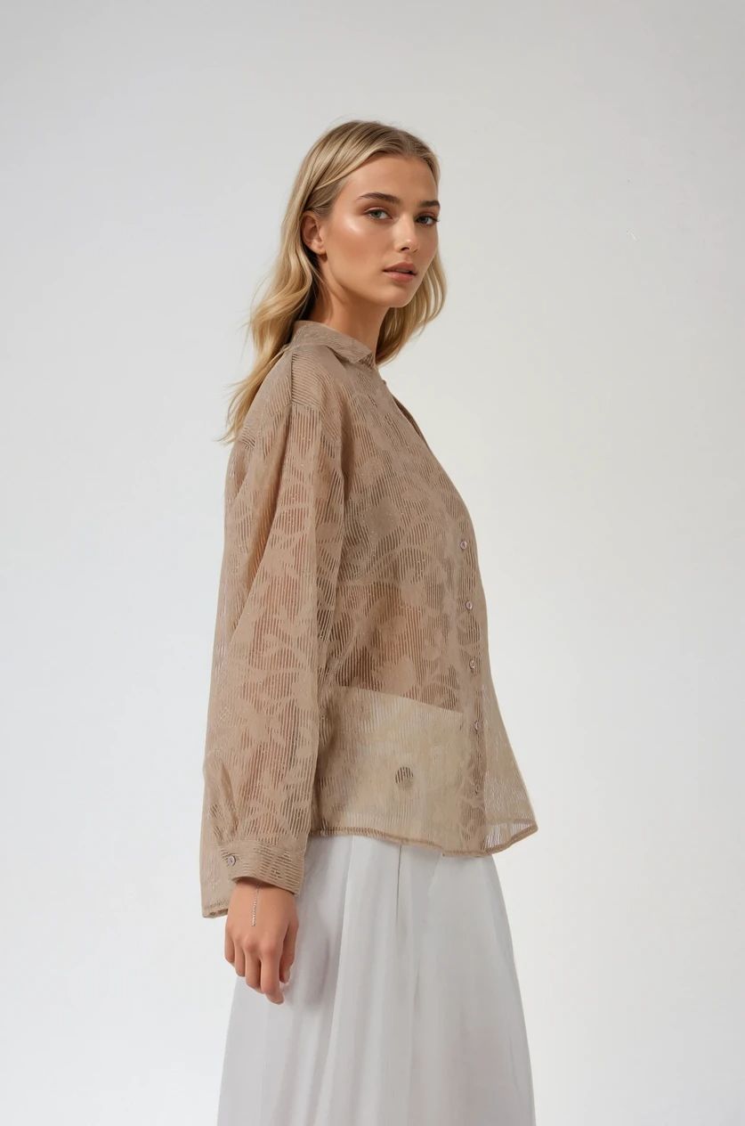 Bej Transparan Jakarlı Gömlek