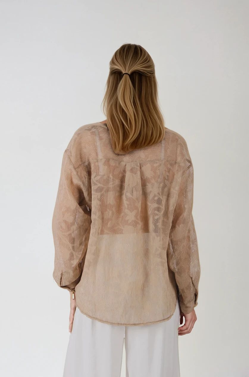 Bej Transparan Jakarlı Gömlek
