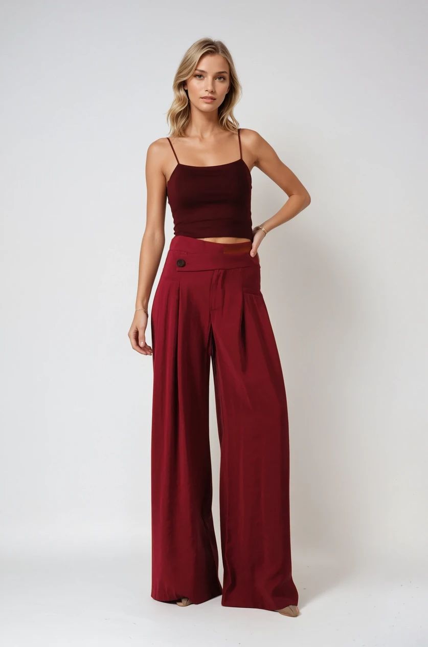 Bordo Çapraz Kemerli Pantolon