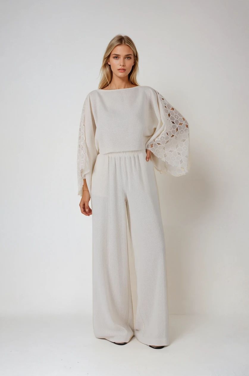 Ekru Yarasa Kol Garnili Keten Pantolon Takım