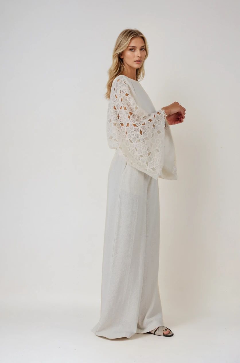 Ekru Yarasa Kol Garnili Keten Pantolon Takım