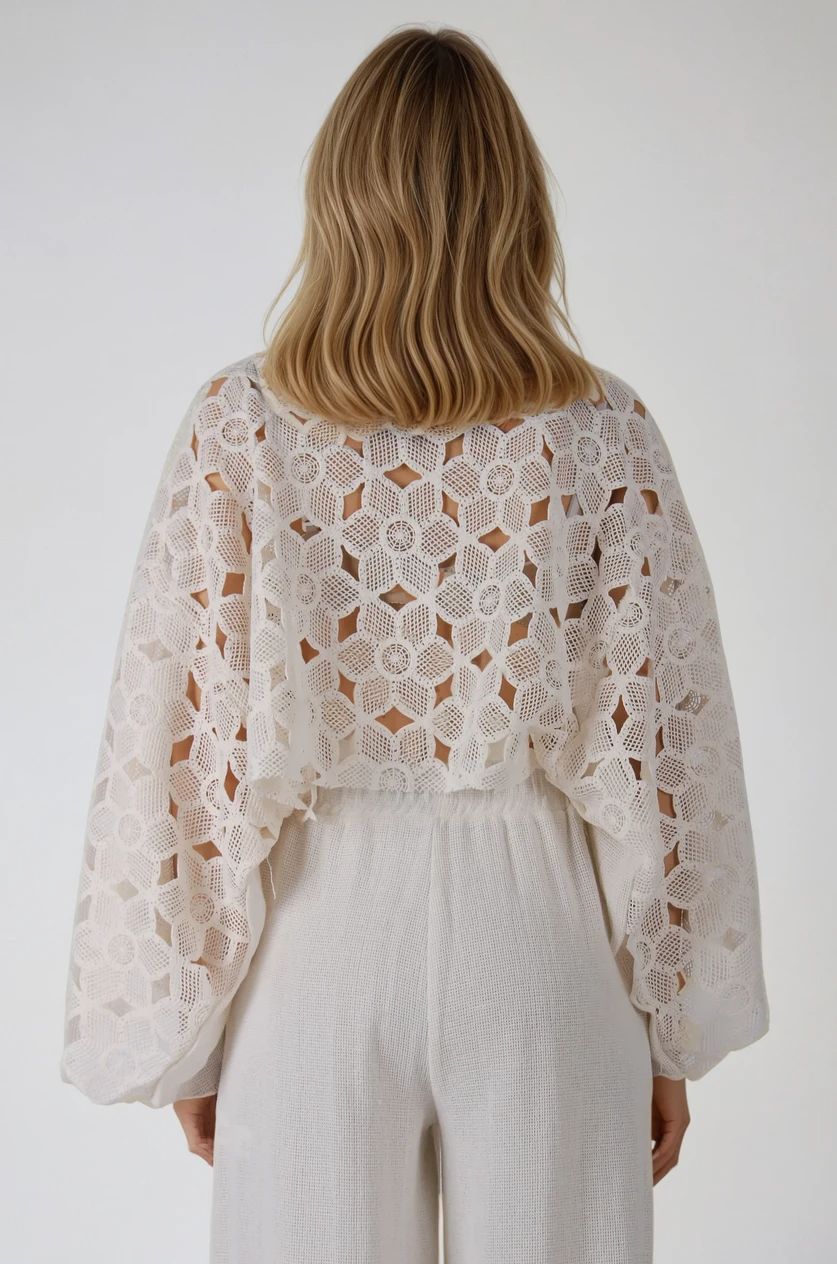 Ekru Yarasa Kol Garnili Keten Pantolon Takım