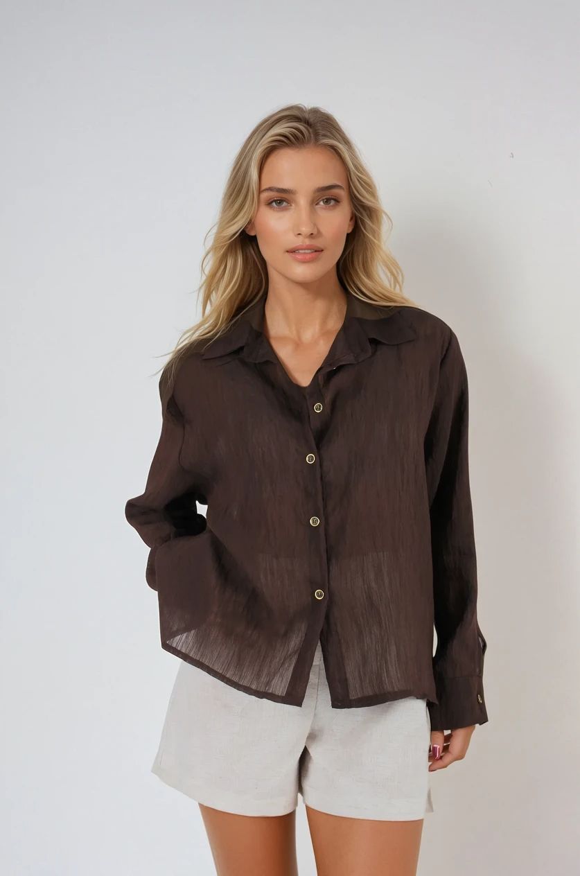 Kahverengi Yan Düğme Detaylı Gömlek