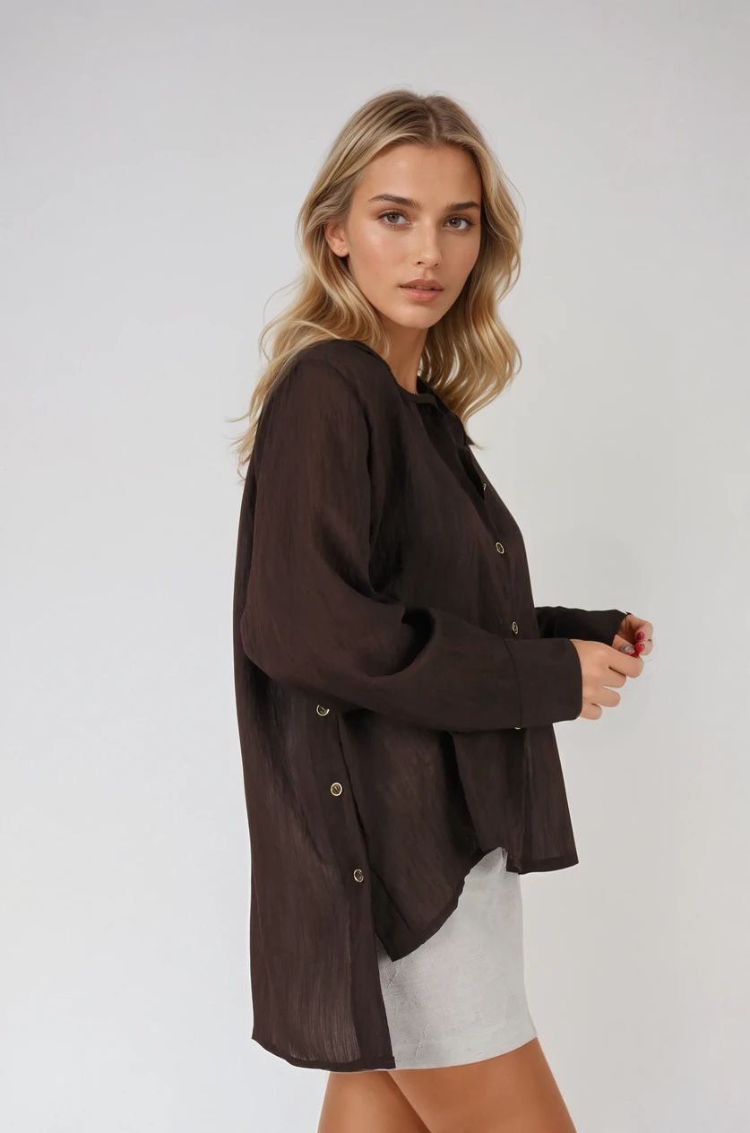 Kahverengi Yan Düğme Detaylı Gömlek