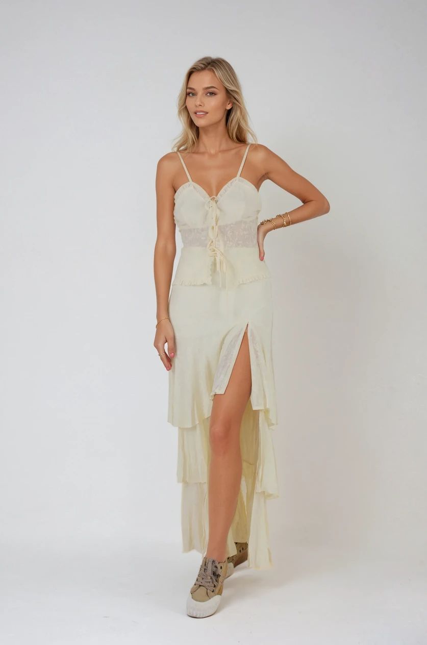 Ekru Önden Yırtmaçlı Tül Etek