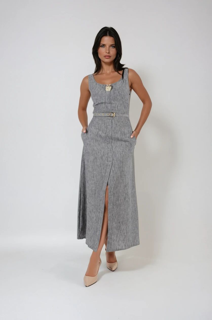 Gri Bel Korse Detaylı Uzun Elbise