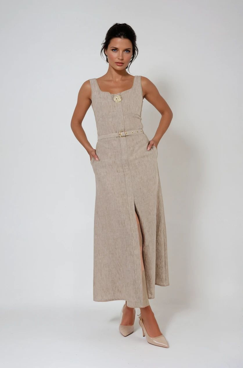 Bej Bel Korse Detaylı Uzun Elbise