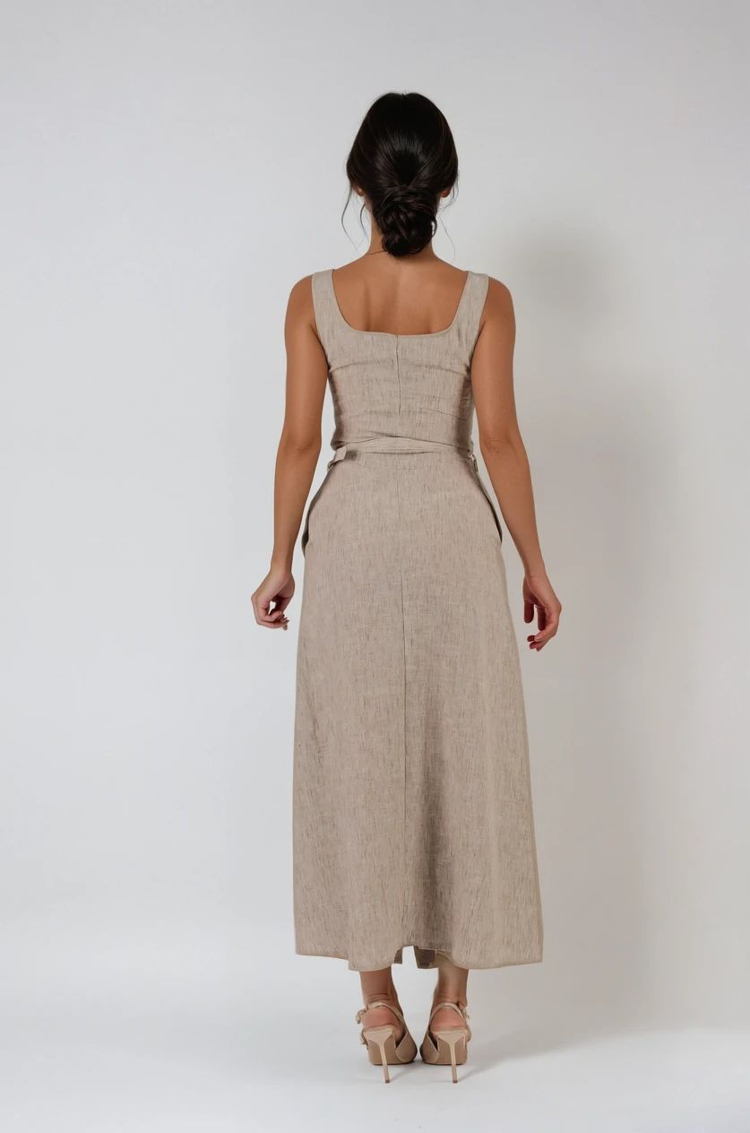 Bej Bel Korse Detaylı Uzun Elbise