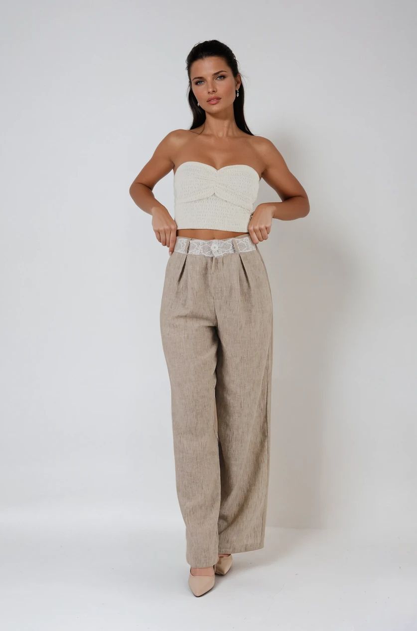 Bej Bel Detaylı Pantolon