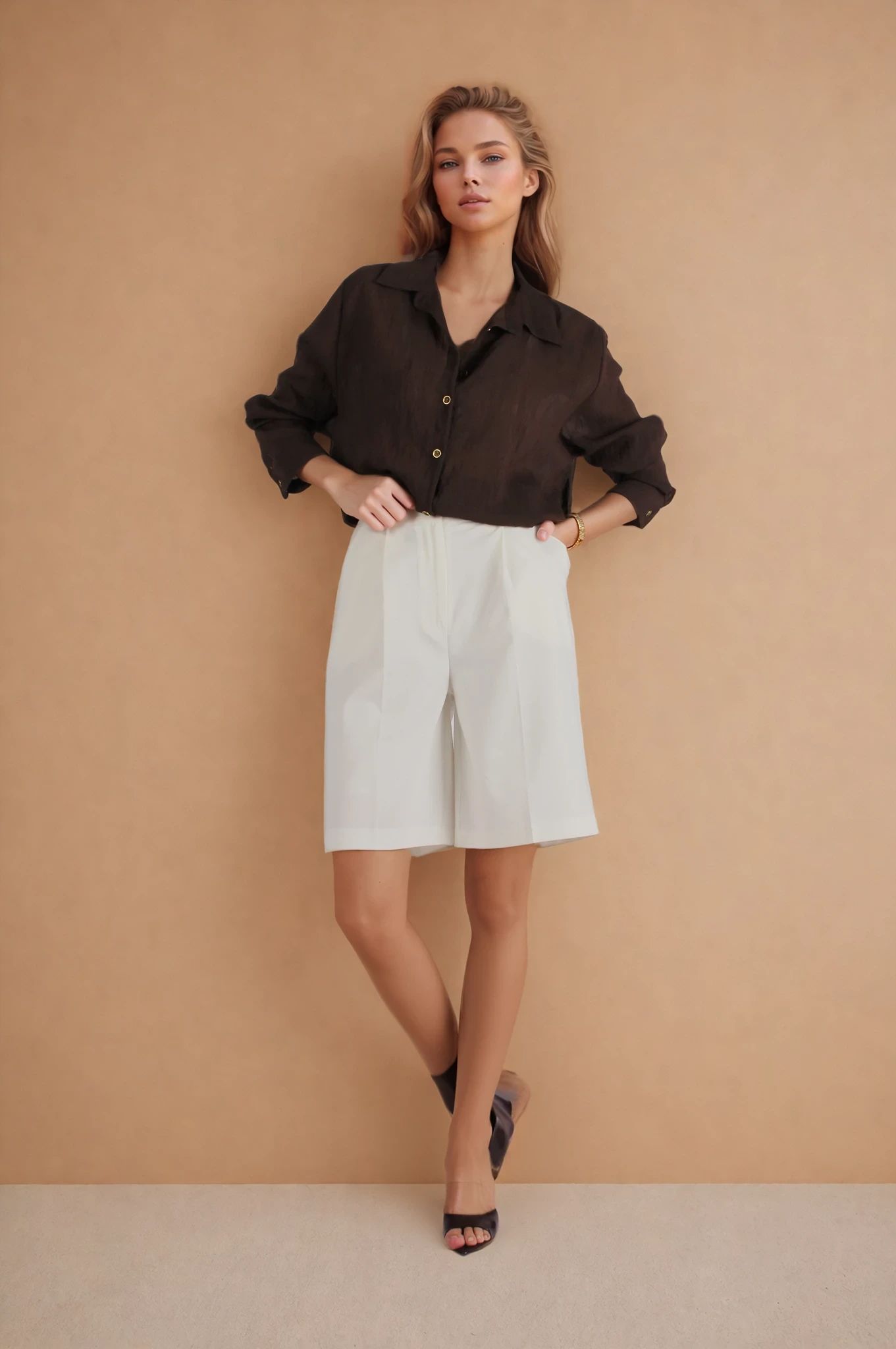 Ekru Pileli Bermuda Modal Şort