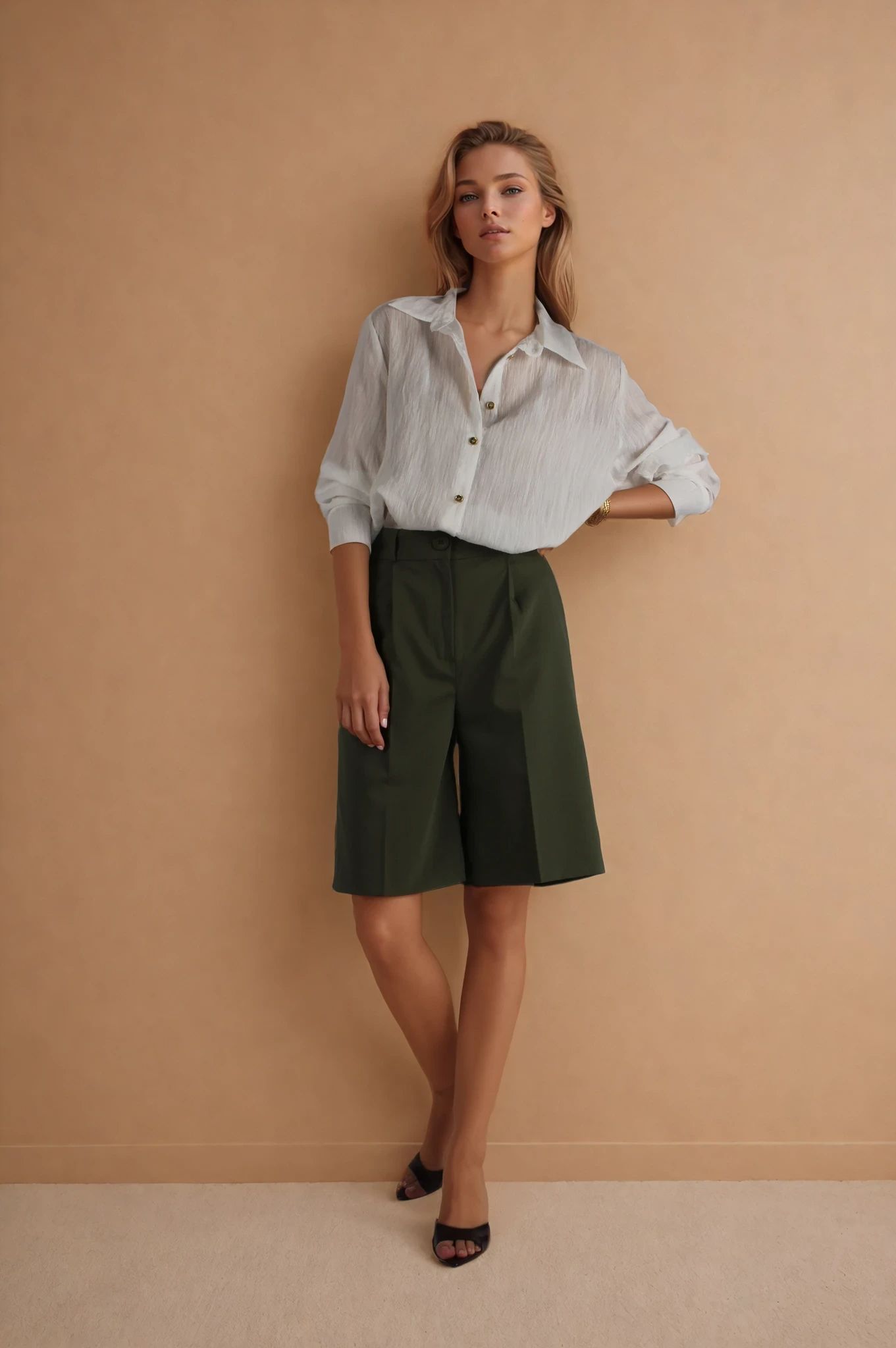 Haki Pileli Bermuda Modal Şort