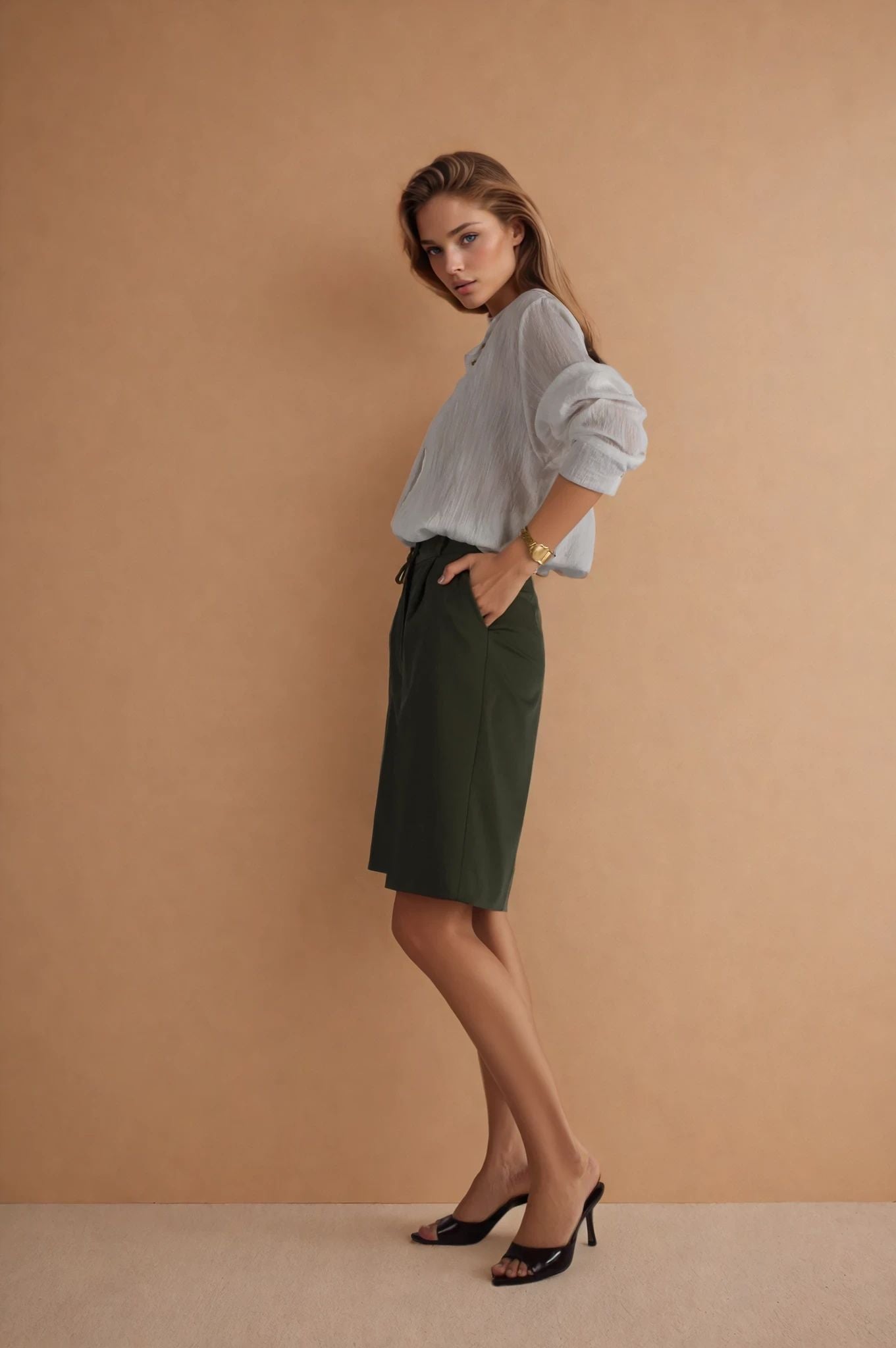 Haki Pileli Bermuda Modal Şort