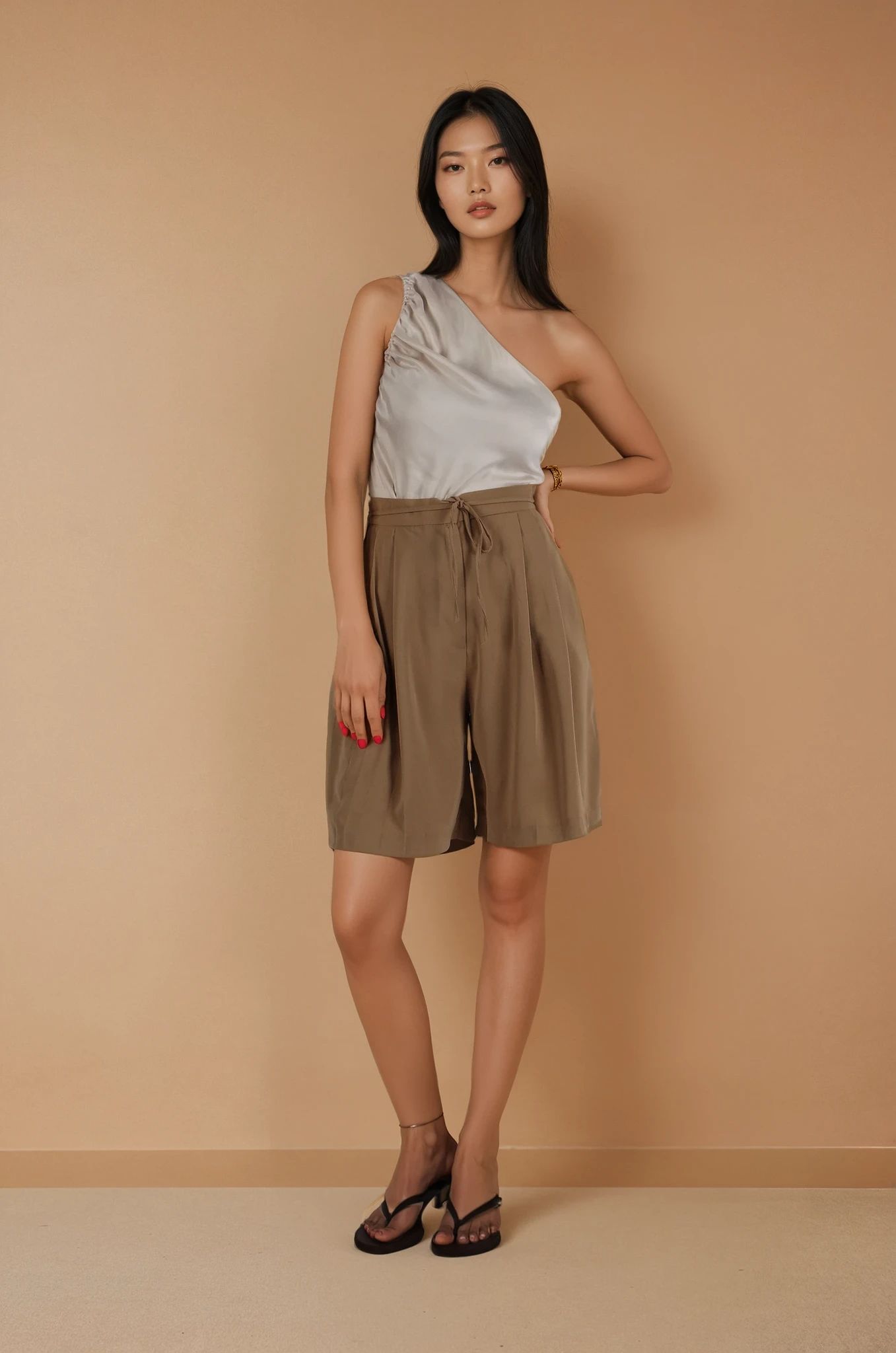 Bej Belden Bağlamalı Pileli Bermuda Şort